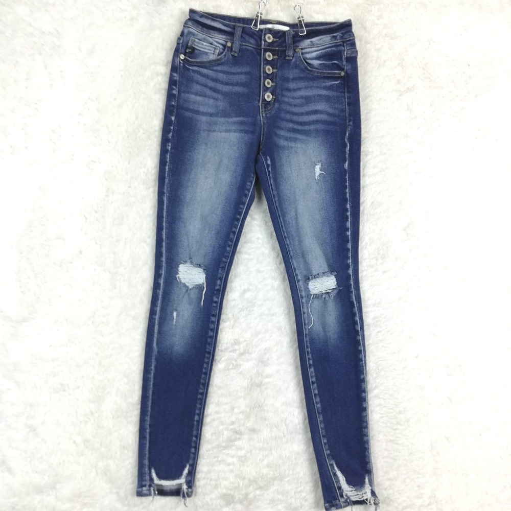 Kancan Womens Jeans Super Skinny Ankle High Rise Button Fly Blue Denim Raw Hem 5
